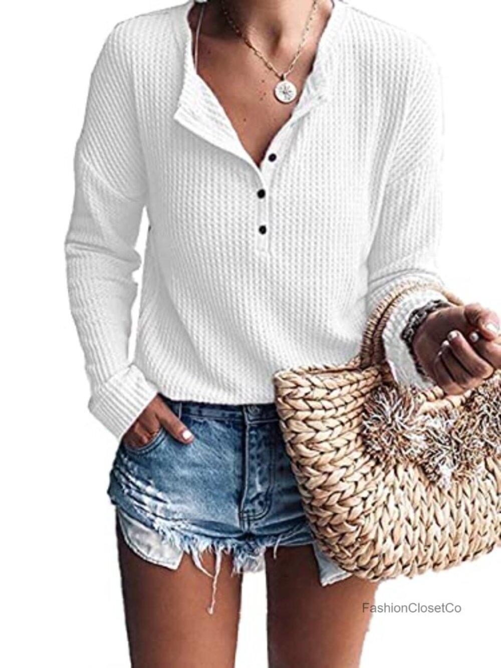 Women's Waffle Knit Long Sleeve Henley Tunic Shirt Loose Fit